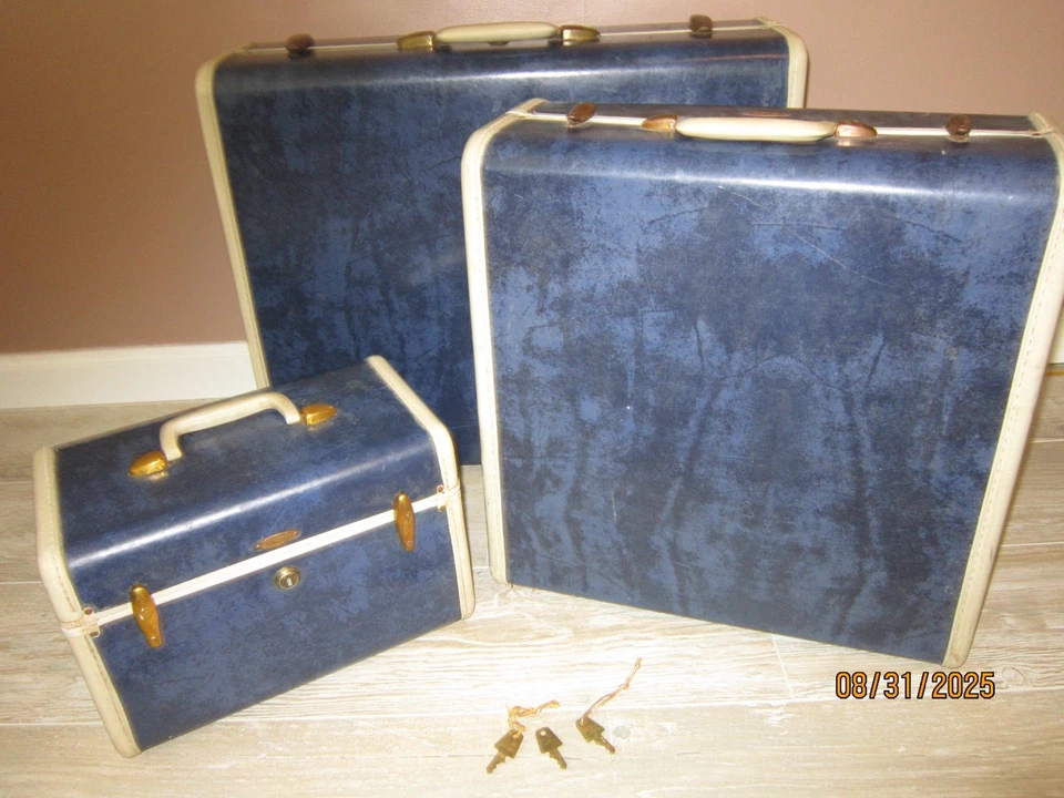 Vintage Samsonite Streamlite Shwayder 4721 Blue Marble 3 PC Luggage Set 1950s - Image 1 of 4