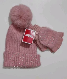 Holiday Time Mütze rosa Perlen verziert mit Bommel & Handschuhe Fäustlinge Erwachsenengröße - Bild 1 von 4