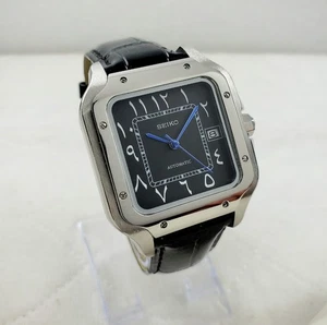 CUSTOM SANTOS STYLE BLACK ARABIC AUTOMATIC W/ NH35 MOVEMENT SAPPHIRE MEN'S WATCH - Picture 1 of 10