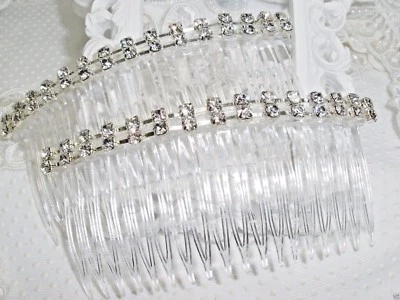 Bridal Clear Austrian Crystal Double Row Long Hair extra wide hair comb pair - Image 1 of 4