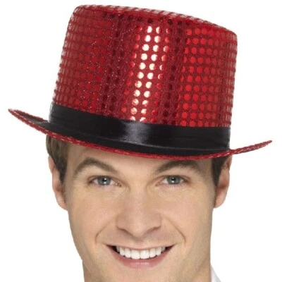 Adult Sequin Top Hat Fancy Dress Party Cabaret Hat Red by Smiffys - Image 1 of 4