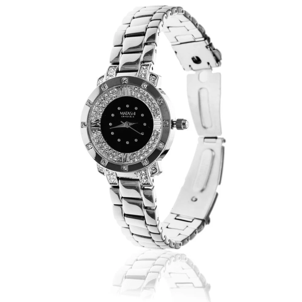 New 18K White Gold Plated Woman's Luxury Watch Black Face w/ Crystals by Matashi - Image 1 of 1