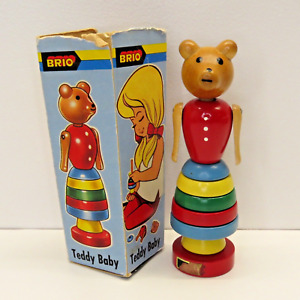 Jouet bébé ours en peluche vintage Brio Suède empilable en bois 6,5 pouces avec boîte