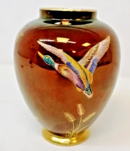 Carlton Ware Rouge Red Lustre Hand Painted Vase Mallard Duck Flowers Art Deco - Picture 1 of 8