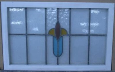 OLD ENGLISH LEADED STAINED GLASS WINDOW TRANSOM SIMPLE ABSTRACT 30" X 19" - Image 1 of 3