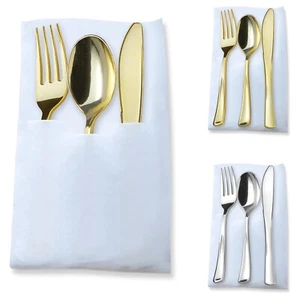 Gold/Silver Plastic Cutlery Pocket Napkin Set- 70 Napkins, Forks, Knives, Spoons - Picture 1 of 10