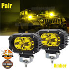 Pair 4inch 90W LED Work Light Bar Amber Yellow Pods Driving Spot Fog OffRoad SUV