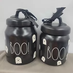Rae Dunn Halloween Boo Ghost Small and Medium Canister Set of 2 - Black White - Picture 1 of 5