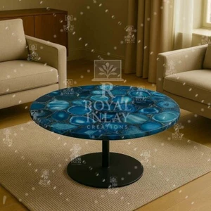 30" Round Blue Agate Gemstone Table – Luxe Polished Crystal Centerpiece - Picture 1 of 9
