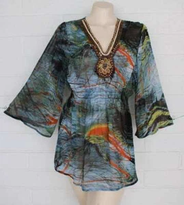 Mushka by Sienna Rose M Boho Artistic Colorful Sheer Heavily Beaded Tunic Top - Picture 1 of 5