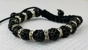 Pulsera de cuentas de bola pavé de cristal negro brillante HQ para mujer/hombre cordón negro - Imagen 1 de 7