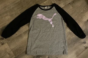 PUMA Girls Original Tee Gray W Black Long Sleeves & Pinkish Purple Glitter Sz M - Picture 1 of 8