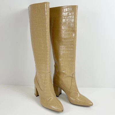 Aquatalia Knee High Patton Boots 7 M Beige Croc Embossed Pointed Toe NEW $650 - Image 1 of 4