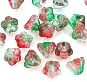 25 Czech Glass Baby Bell Flower Beads - Dual Coated Red / Green Beads 6x4mm - Picture 1 of 5