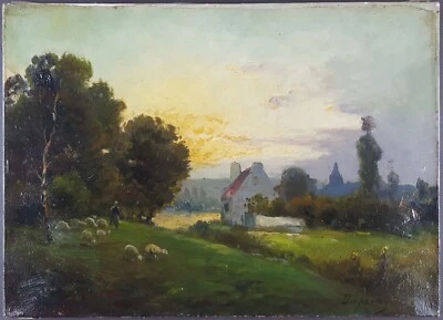 Ancien Tableau "Campagne au Crépuscule" Peinture Huile Moutons Antique Painting - Photo 1/4