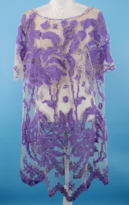 VTG Women's 20s Beige Mesh Fishnet W/ Purple Floral Yarn Knit Dress L/XL 1920s - Image 1 of 4