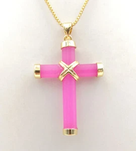 Fashion Genuine Rose Pink Red Jade Cylinder 18KGP Cross Xmas Pendant Necklace - Picture 1 of 8