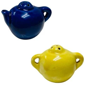 1940s Teapot Jug Salt Pepper Shaker Set Vintage MCM Pottery Cobalt Blue Yellow - Picture 1 of 11