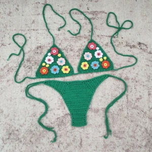 2pack Floral Applique Halter Cover Up Top Brazilian bottom Crochet bikini set - Picture 1 of 7
