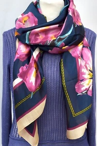 WOMEN'S SILK NAVY/PINK BLOSSOM TULIP PRINT VERY LARGE SCARF 186 x 90cm - Picture 1 of 3
