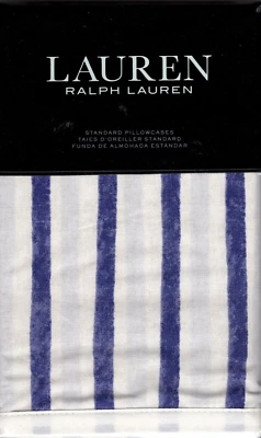 Ralph Lauren 2 Standard Pillowcases Jensen Stripe Blue Farmhouse Cottage Chic - Image 1 of 4