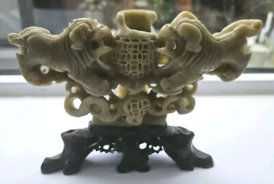 Queimador de incenso chinês vintage esculpido em pedra-sabão ornamento leões foo cães. - Imagem 1 de 4
