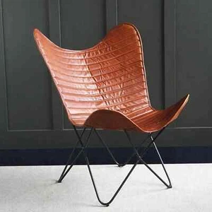 Genuine Leather Padded Antique Butterfly Relaxing Office Chair With Iron Frame - Picture 1 of 7