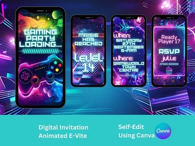 Gaming Party Digital Personalised Party Invites Animated Video Invitation - Image 1 of 4
