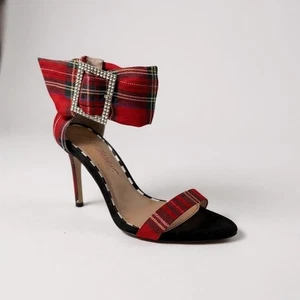 Betsey Johnson Sz 8.5 Red Plaid Rhinestone Buckle 4" Heel Trendy Academia - Picture 1 of 7