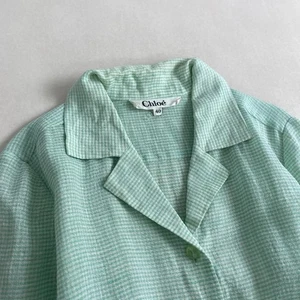 Abito camicia Chloe Gingham check verde chiaro misto lino vintage raro fatto a mano - Foto 1 di 10