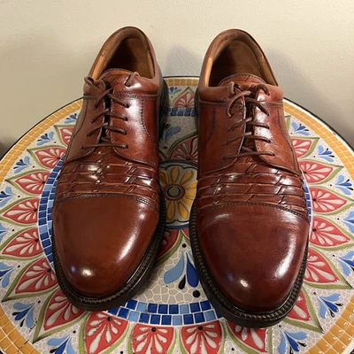 Johnston and Murphy Men's 9 M Woven Vamp Brown Leather Cap Toe Dress Shoes Italy - Image 1 of 4