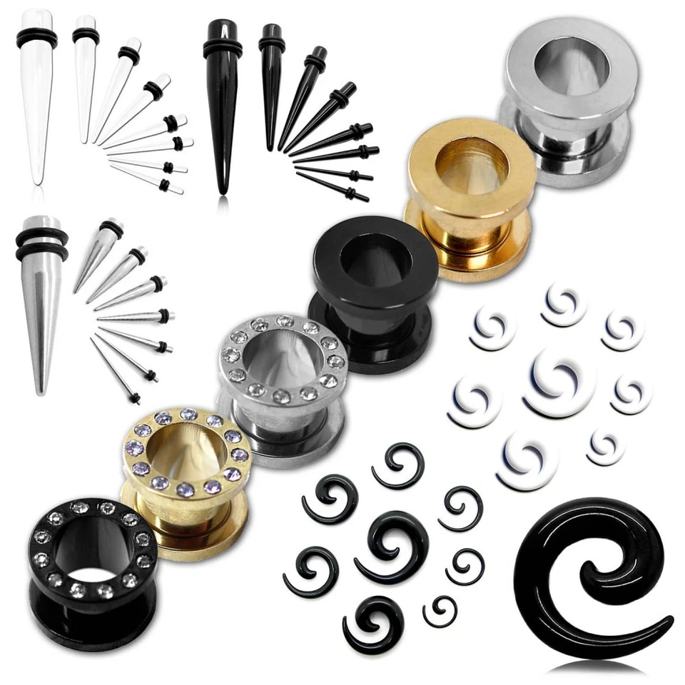 Set Dehnstab Flesh Tunnel Strass Steine Dehnspirale Dehnungsset 1,6 bis 20 mm - Bild 1 von 1