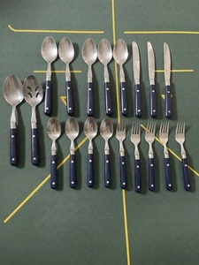 Lot Of 19 Vintage MCM Carnival Wesley Stainless Flatware Blue Plastic Handle EUC - Picture 1 of 13