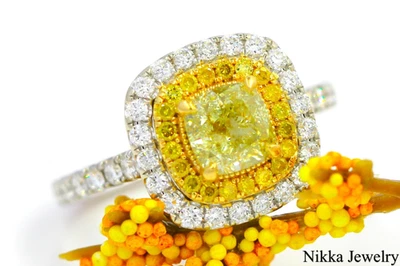 Anillo de compromiso de diamantes amarillos de lujo natural de 1,8 quilates de oro blanco de 14 k de GIA Foto 1 de 4