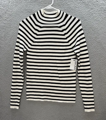 Nine West Shirt Womens Large Black White Striped Long Sleeve Stretch Preppy NEW - Image 1 of 4