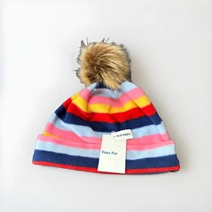 Old Navy Fleece Beanie Faux Fur Pom-Pom Kids Girls L XL NWT Colorful Striped - Picture 1 of 4