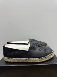 CHANEL Leather Coco Mark Espadrilles Slip-ons Dark Navy Blue Size 39EU - Picture 1 of 6