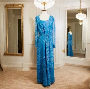 Vtg 60s Saks Fifth Avenue Posh Jay Anderson Maxi Dress Sz 16 Blue Floral Chiffon - Picture 1 of 12