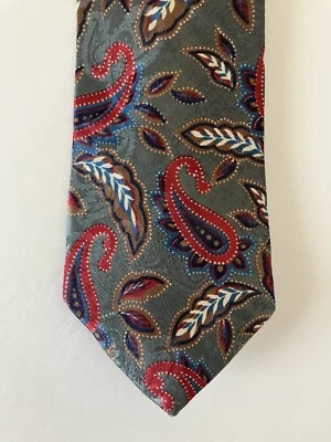 Halston III Men's Necktie Tie Silk Gray Red Brown White Paisley Made USA 56" - Image 1 of 4