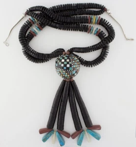 Double-Strand Heishi Necklace With Multi-Color Stone Inlay Pendant - Bild 1 von 7