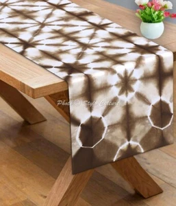 Indian Cotton Table Runner Shibori Geometric Brown Long Boho Tie Dye Tablecloth - Picture 1 of 8