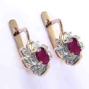 14k Rose & White Gold Diamond Ruby European Style Earrings #E1189 - Picture 1 of 4