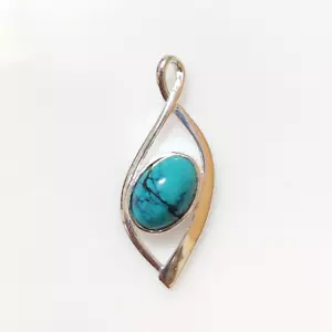 Oval Turquoise Pendant 925 Sterling Silver Boho Art Deco Pendant Necklace Gift - Picture 1 of 11