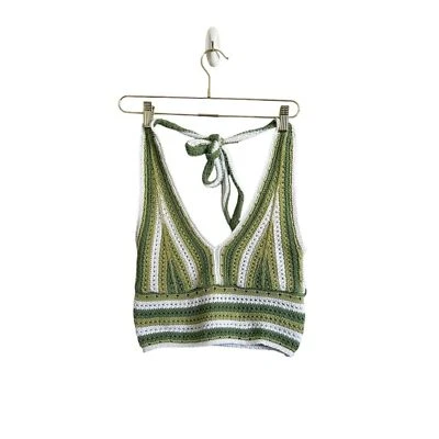 Hollister Crochet Halter Top Mujer M Verde Rayas Forrado Informal Crop Boho Foto 1 de 4