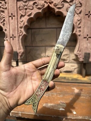 Antigua Navaja de Bolsillo Plegable de Trabajo Meena Tallada a Mano Antigua Rara de Latón Tallada a Mano Foto 1 de 4