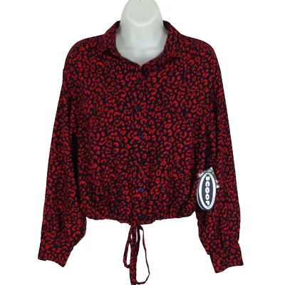 Scoop women animal print button up blouse sz S red blue long sleeve drawstring - Image 1 of 4