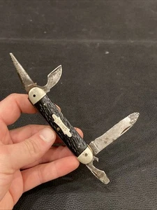 Vintage Imperial Pocket Knife USA 1930-36 Scouts Multi Tool Black Jigged Handles - Picture 1 of 24
