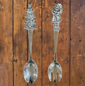Wallace Silver Plate Serving Pair Spoons Christmas Tree Santa Large 11” - Picture 1 of 7