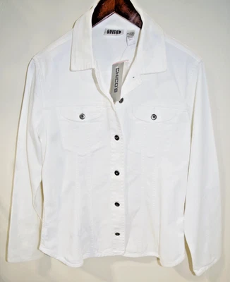 R1 - NUEVO CON ETIQUETAS $68 CHICO'S Alicia Denim Blanco L/S Blazer Chaqueta Talla 0 Camisa Abotonada Foto 1 de 4