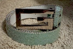Light Blue Metallic Silver G Buckle Glitter Studded Womens Belt Vintage - Picture 1 of 5